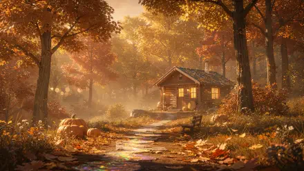 Cozy autumn 4K Ultra HD PC desktop wallpaper and background: sunlit forest path to a glowing cabin, pumpkins and golden fallen leaves.