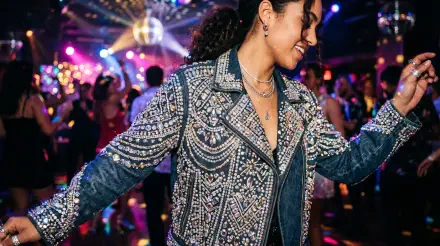 Smiling dancer in a bedazzled jacket twirls beneath disco lights amid a colorful club crowd — vibrant 5K Ultra HD PC Desktop Wallpaper and Background.