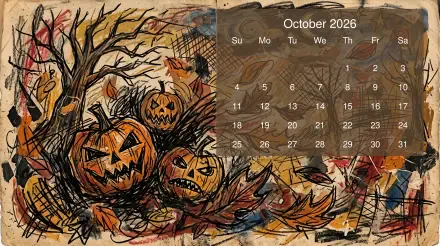 October 2026 calendar over a hand-drawn Halloween scene of carved jack-o'-lanterns, bare trees and autumn leaves — 5K Ultra HD PC desktop wallpaper/background.