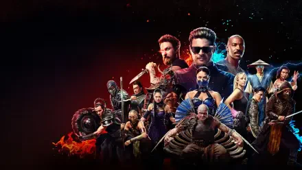 Mortal Kombat 2 (2026) 4K Ultra HD PC desktop wallpaper: collage of fighters in dramatic poses, fiery and icy effects and weapons against a dark, smoky background.