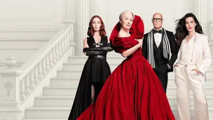 4K Ultra HD PC desktop wallpaper/background for the movie The Devil Wears Prada 2: four stylish characters on a white staircase, central figure in a sweeping red gown, others in black and white ensembles.