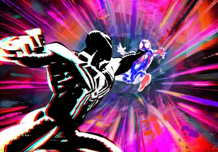 4K Ultra HD PC desktop wallpaper from the movie Spider-Man: Beyond the Spider-Verse — two stylized Spider-Men reach toward each other amid explosive neon radial streaks.