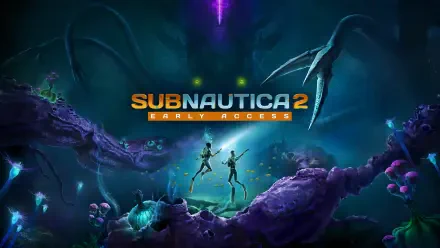 HD PC desktop wallpaper for video game Subnautica 2: two divers in a bioluminescent alien seascape beneath a glowing purple rift, with the SUBNAUTICA 2 EARLY ACCESS logo.