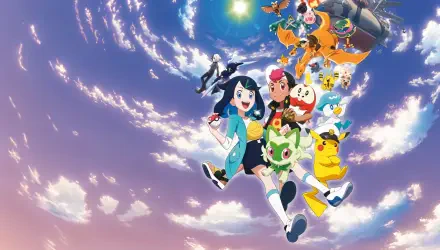 4K Ultra HD PC desktop wallpaper and background from Pokémon Horizons: The Series, featuring the main trainers and Pokémon, including Pikachu, soaring through a bright swirling sky.