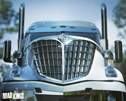Close-up of a chrome truck grille and emblem from the video game Road Kings — 4K Ultra HD PC desktop wallpaper and background.