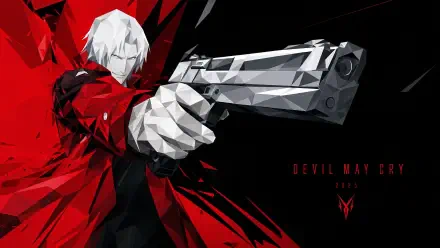 Stylized 4K Ultra HD PC desktop wallpaper of Devil May Cry (2025): white‑haired antihero in a red coat aiming a faceted chrome pistol against a black and red geometric background.