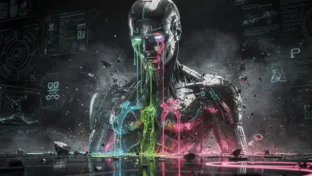 HD sci‑fi PC desktop wallpaper: a broken humanoid robot in a dark tech lab, neon green and pink fluids streaming from its eyes and chest, evoking a deep, lonely sadness.