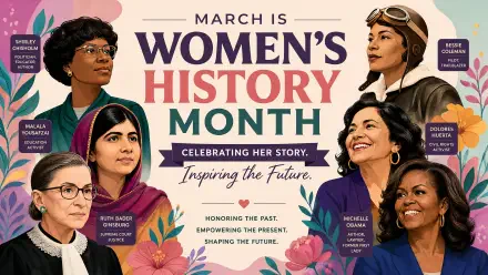 4K Ultra HD PC desktop wallpaper: colorful collage of diverse women’s portraits with text March is Women's History Month and floral accents, Celebrating Her Story — Inspiring the Future banner.