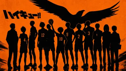Haikyū!! 4K Ultra HD PC desktop wallpaper: black silhouettes of the Karasuno volleyball team lined up against an orange background with a large crow soaring overhead.