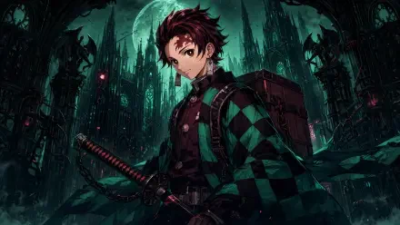 Tanjiro Kamado stands with his sword beneath a full moon over a dark, gothic city; 4K Ultra HD PC desktop wallpaper background.