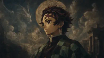 Tanjiro Kamado portrait beneath a luminous moon and brooding clouds, dramatic cinematic lighting — 4K Ultra HD PC desktop wallpaper and background.