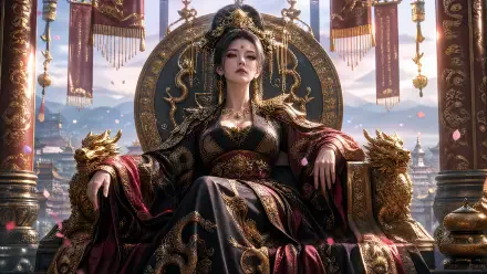 4K Ultra HD PC desktop wallpaper of a regal empress: a seated royal woman in ornate gold-and-black robes and crown on a dragon-adorned throne, palace banners and a cityscape behind.