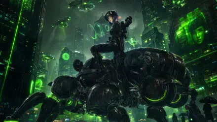 The Ghost In The Shell (2026) 4K Ultra HD PC desktop wallpaper: cybernetic agent perched on a spider-like motorcycle amid neon-green, rain-slick futuristic cityscape.