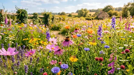 5K Ultra HD PC desktop wallpaper of a nature summer floral scene: sunlit meadow of poppies, cornflowers, coneflowers and lavender with distant cottages under a blue sky.