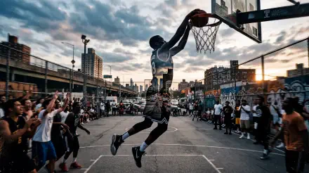Slam Dunk: player soaring for a dunk in an urban streetball game at sunset, crowd watching — 5K Ultra HD PC desktop wallpaper and background.
