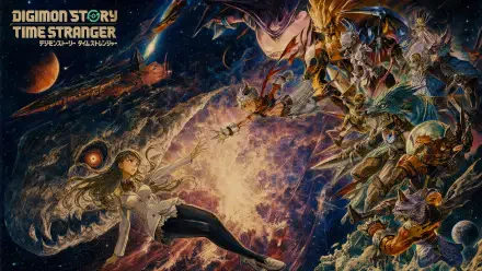 High-detail 4K Ultra HD PC desktop wallpaper for Digimon Story Time Stranger: a heroine floats toward a cosmic explosion while numerous Digimon clash amid stars and swirling nebulae.