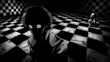 Tokyo Ghoul:re 2K Quad HD PC desktop wallpaper/background — stark black-and-white checkerboard room with a shadowed figure with glowing eyes in the foreground and a small seated figure in the distance.