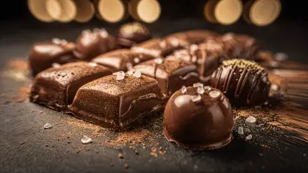 Close-up of artisanal chocolates sprinkled with sea salt and drizzled ganache on a dark surface — 4K Ultra HD PC desktop wallpaper background.