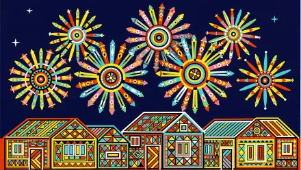 Colorful new year fireworks burst over a row of patterned geometric houses against a deep navy sky — vibrant 4K Ultra HD PC desktop wallpaper and background.