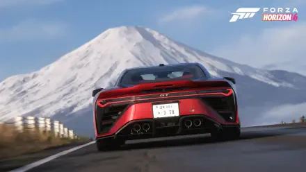 4K Ultra HD PC desktop wallpaper: rear view of a red supercar racing toward a snow-capped mountain in Forza Horizon 6 video game.