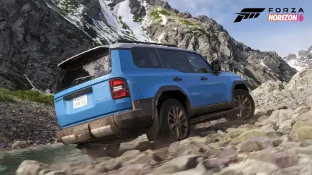 4K Ultra HD PC desktop wallpaper: blue off-road SUV climbing a rocky alpine trail in Forza Horizon 6 video game, Forza Horizon logo in the top corner.