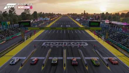 Forza Horizon 6 (video game) 4K Ultra HD PC desktop wallpaper — sunset race start with six sports cars on the Horizon grid, festival crowds and banners lining the track.