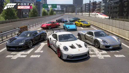 Forza Horizon 6 video game 4K Ultra HD PC desktop wallpaper and background: lineup of sports cars on an urban highway with city skyline and race markings.