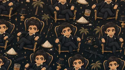 Scarface 4K Ultra HD PC desktop wallpaper: repeating chibi mob boss in a suit on armchairs amid piles of white powder, guns, palm trees, whiskey and gold on a dark starry background.