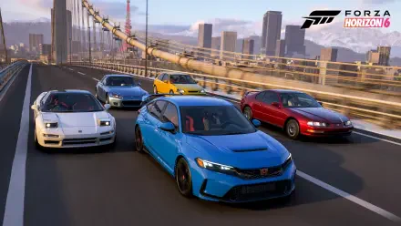 Forza Horizon 6 video game 4K Ultra HD PC desktop wallpaper and background: five performance cars racing across a sunlit city bridge, Forza Horizon 6 logo in top-right.