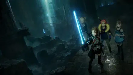 Echoes of Aincrad 4K Ultra HD PC desktop wallpaper: four adventurers, one wielding a glowing blue sword, traverse a misty, cavernous ruin lit by towering shafts of light.