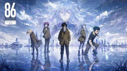 4K Ultra HD PC desktop wallpaper of Eighty Six: six anime characters standing on a reflective water surface under a stormy sky, distant futuristic city silhouettes, '86' logo at top-left.