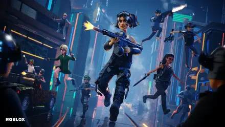 Dynamic 4K Ultra HD Roblox video game PC desktop wallpaper: armed avatar leader dashes forward through a neon-lit urban battleground as teammates and drones engage across towering platforms.