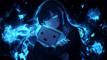 Moody neon-blue anime portrait of a girl clutching a small white box mask, surrounded by glowing roses and shards — 4K Ultra HD PC desktop wallpaper.