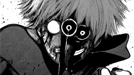 Black-and-white Tokyo Ghoul illustration: a bloodied ghoul with a cracked mask, wide glaring eye and bared teeth — 8K Ultra HD PC desktop wallpaper background.