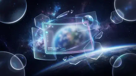 Glass morphism 5K Ultra HD PC desktop wallpaper and background: translucent shattered glass panels framing a glowing planet in a neon-edged starfield, with floating iridescent bubbles.