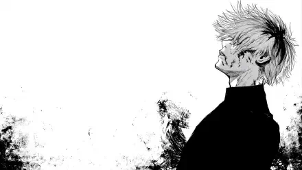 Black-and-white Tokyo Ghoul:re 5K Ultra HD PC desktop wallpaper: scarred, bloodied ghoul in profile, head tilted upward, high-contrast ink-splatter textures dissolving into white space.