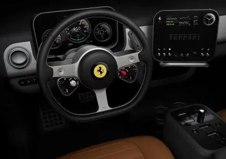 4K Ultra HD PC desktop wallpaper: vehicle interior of a Ferrari Luce cockpit, steering wheel with prancing horse emblem, sport gauges and a digital center display.