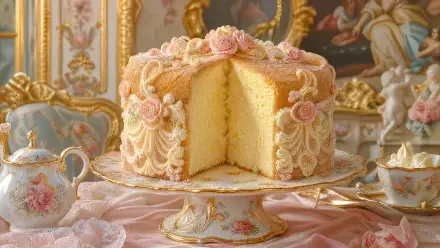 Ornate sponge cake with pink rose frosting and a slice removed, presented as a 4K Ultra HD PC desktop wallpaper and background on a vintage tea-table setting.