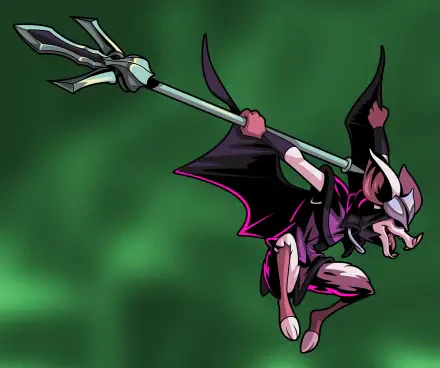 HD PC desktop wallpaper from the video game Minna The Hollower: a bat-like armored figure lunges with a trident against a swirling green backdrop.