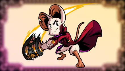 HD PC wallpaper for the video game Minna the Hollower: a cloaked anthropomorphic mouse swings a massive hammer in mid-attack against a pale, blurred backdrop.