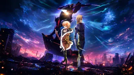 Code Geass: Rozé Of The Recapture — two characters stand back-to-back before a towering mecha beneath a stormy cosmic sky; vivid 4K Ultra HD PC desktop wallpaper and Code Geass background.