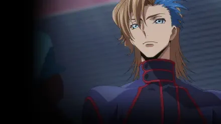 4K Ultra HD anime desktop wallpaper from Code Geass: Rozé Of The Recapture — blue-streaked, long-haired character in a dark red-trim uniform, looking stoic.