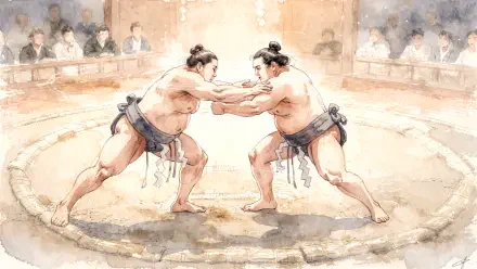 4K Ultra HD PC desktop wallpaper: watercolor-style scene of two sumo wrestlers locked in a bout on a circular dohyo, spectators blurred around the arena.