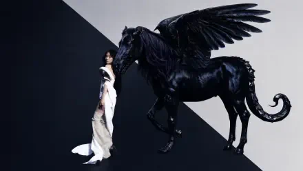 Aespa-inspired 4K Ultra HD PC desktop wallpaper: a woman in a white gown beside a glossy black winged horse against a stark diagonal black-and-white backdrop.