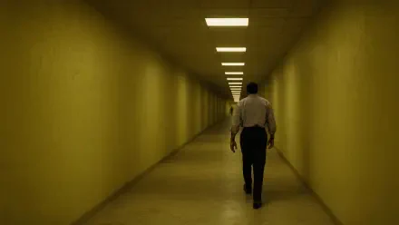 Backrooms corridor in sickly yellow light, lone figure walking away down an endless tiled passage — 4K Ultra HD PC desktop wallpaper/background.