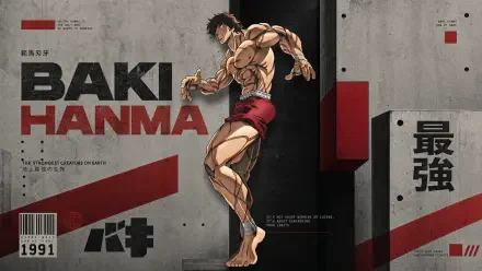 4K Ultra HD PC desktop wallpaper of anime fighter Baki Hanma, muscular and poised against an industrial concrete backdrop with bold red-black graphics and Japanese kanji.