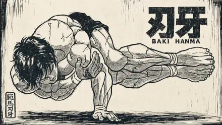 Baki Hanma anime 4K Ultra HD PC desktop wallpaper and background: monochrome sketch of muscular Baki holding a one-arm handstand, Japanese kanji logo.