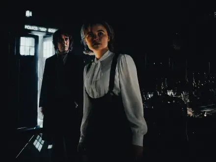 4K Ultra HD PC wallpaper: Doctor (2005) and Charley Pollard stand before the TARDIS in a moody Big Finish Productions sci‑fi scene.