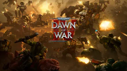 Warhammer 40000: Dawn of War IV video game 4K Ultra HD PC desktop wallpaper/background — chaotic Warhammer battlefield with Space Marines and Orks clashing amid explosions.