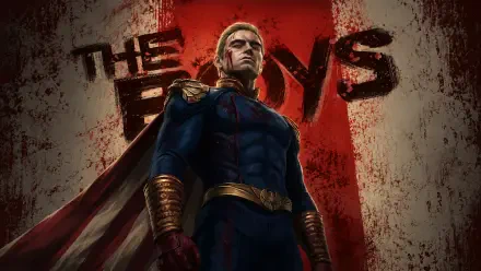 Homelander from The Boys (2019) — 4K Ultra HD PC desktop wallpaper: imposing hero in blue uniform and cape stands before a weathered red backdrop with The Boys logo.